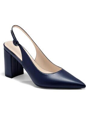 Women's Navy Blue Slingback Chunky Heel Slip On Pointed Toe Block Dress Shoes